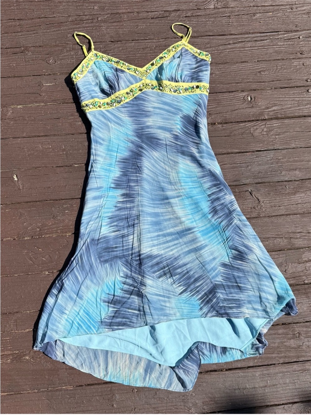 Vintage BCBG MaxAzria Blue Tie-Dye Slip Dress with Yellow Beaded Trim Size 6 VTG